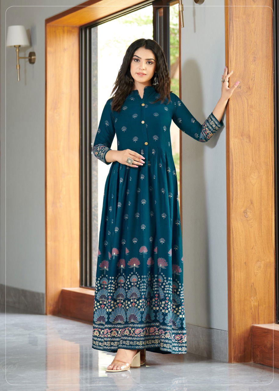 Rangjyot Sehnaaz 501 Rayon Designer Party Wear Long Anarkali Kurti Collection